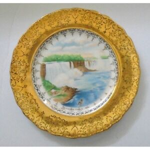 Vintage NIAGARA FALLS 22 K GOLD FILIGREE BORDER  7 1/2" SOUVENIR PLATE